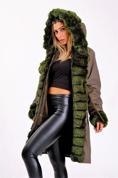 Keyifli Moda Palton lung, verde, impermeabil, cu glugă, cu blană în interior