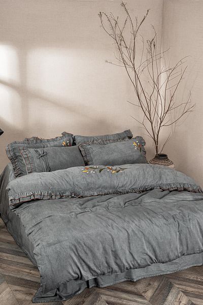 Ecocotton Farah King Size Duvet Cover Set 100% Organic Cotton Satin Piece Paint Hand Embroidered Anthracite 240x220 Cm