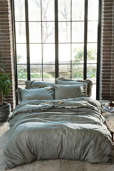 Ecocotton Farah King Size Duvet Cover Set 100% Organic Cotton Satin Piece Paint Hand Embroidered Green 240x220 Cm