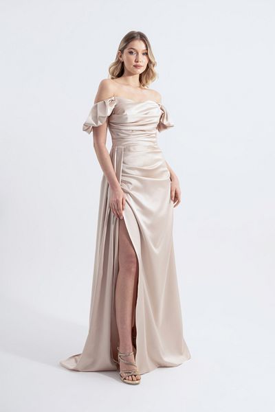 HOX'S Cloe Satin Strapless Maxi Evening Dress - Beige Dress with Low Sleeves and Draped