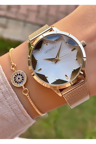 Homies Brand Gold Color Waterproof Women's Wristwatch - With Bracelet Gift
