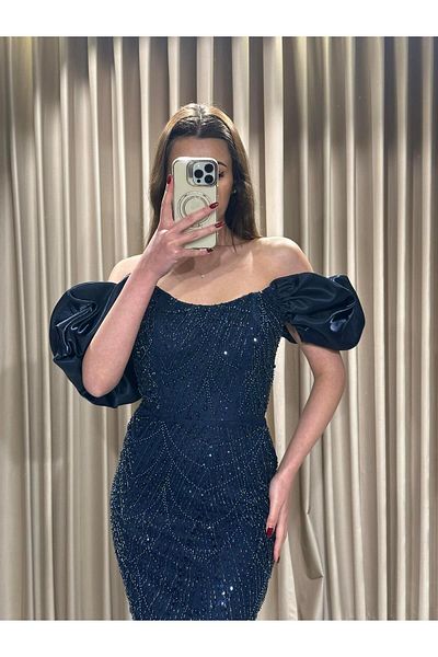 Kaleiçi Yıldızlar Black Boat Neck Beaded Fish Model Evening Dress 5417