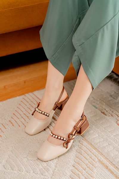 DİVOLYA Melody Beige Tan Bow Pearl Detailed (4 cm Heeled) Daily Use Shoes