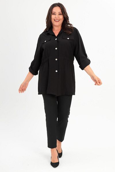 Metpoint Trend42Plus Large Size Black Trench Coat with Shoulder Epaulettes and Pocket Cover