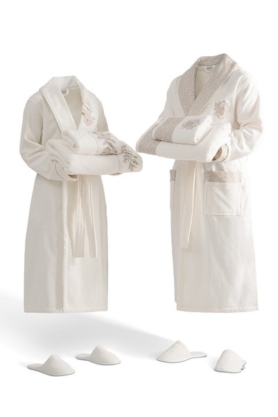 Ecocotton Vanya Family Bathrobe Set 100% Organic Cotton Embroidered Cream/Cream - M/L