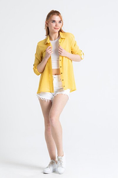 Eliş Şile Bezi Uzun Kol Şile Bezi Peyker Yazlık Gömlek Sarı Sarı