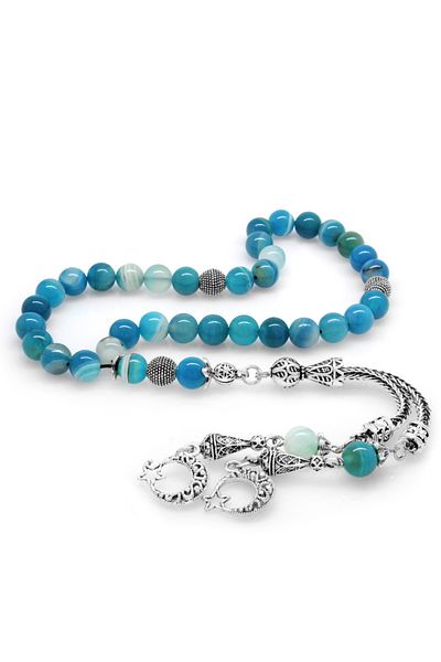 Tesbihane Non-Tarnish Metal Crescent and Star Tasseled Globe Cut Blue-white Agate Natural Stone Rosary