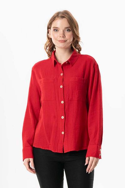 Eliş Şile Bezi Long Sleeve Sign Pocket Detailed Muslin Summer Shirt Red Krmz