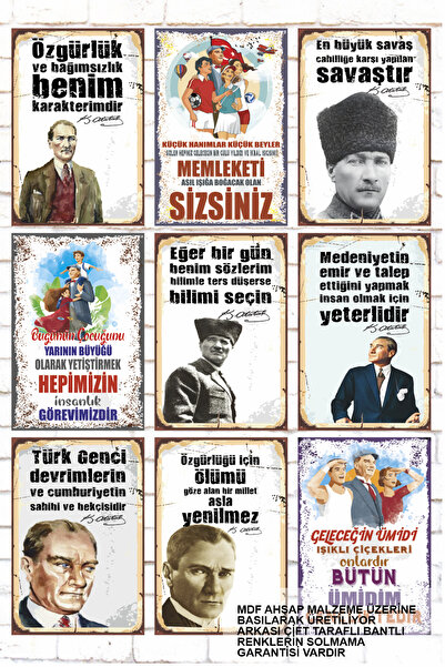 Hayat Poster Set de picturi din lemn mixt de 9 piese Mustafa Kemal Atatürk ci...