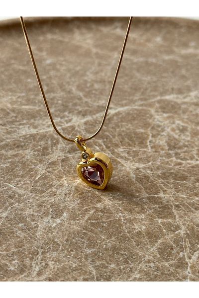 Reorah Collection Zircon Stone Steel Pink Heart Necklace