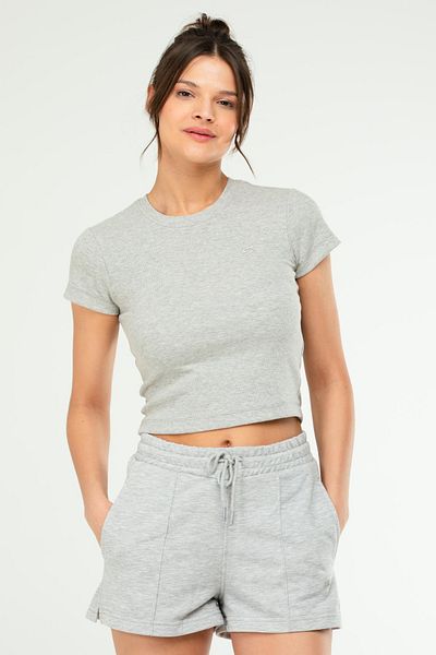 speedlife Body de damă Grey Melange Slim Fit Crop - Gât crew, mânecă scurtă SF0757