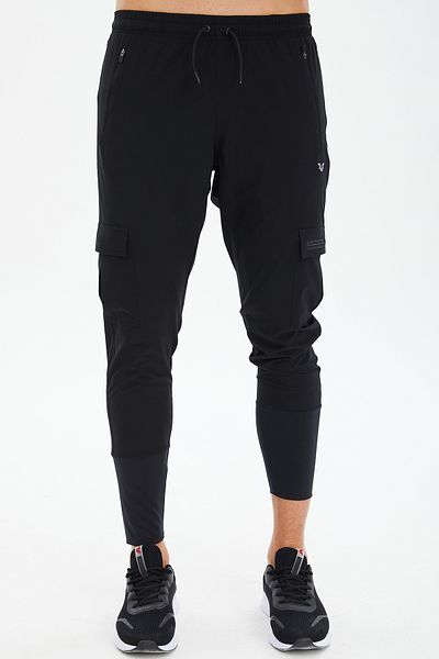 bilcee Pantaloni de sport negri din țesătură fină pentru bărbați, cu buzunare cargo 0775