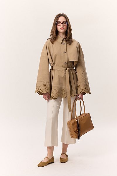Manuka Design Trench Coat with Embroidery Detail Camel