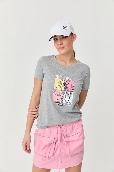 bilcee Tricou de damă, gri din bumbac, cu decolteu rotund, 9749