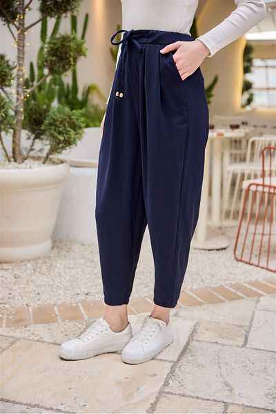 LOCCO Women's Elastic Waist Carrot Pants Navy Blue
