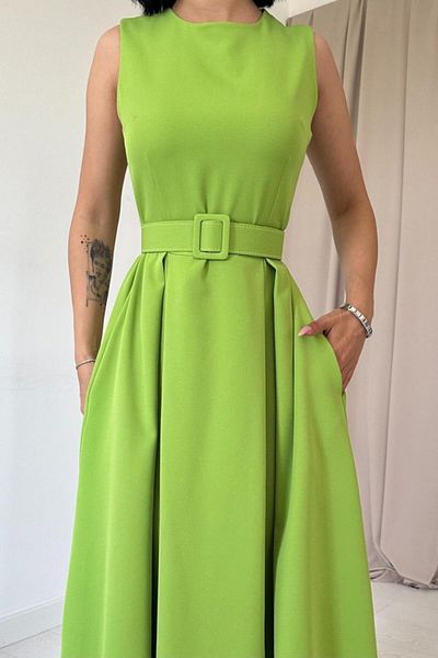 passense Pistachio Green Halter Neck Flared Dress