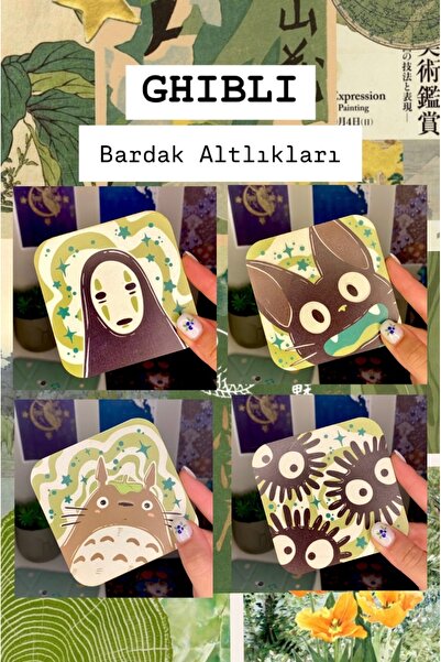 westartic Ghibli | 4’lü Totoro, No-Face, Soot Sprites, Jiji Anime Yeşil Baskı...