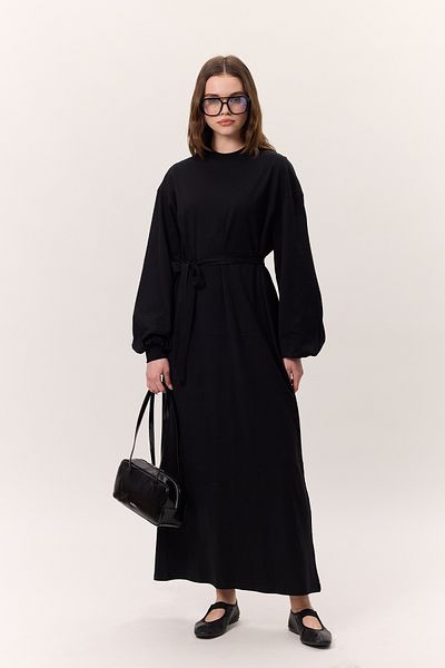Manuka Schwarzes langes Raglan-Ballonärmelkleid