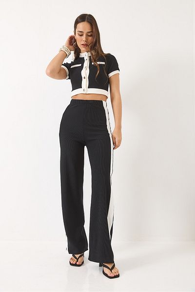 Bianco Lucci Women's Stripe Detailed Ribbed Button Closure Bottom Top Set 60283040