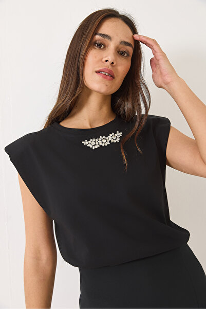 Bianco Lucci Γυναικείο αμάνικο μπλουζάκι με λεπτομέρεια από πέτρα 3059 60283041