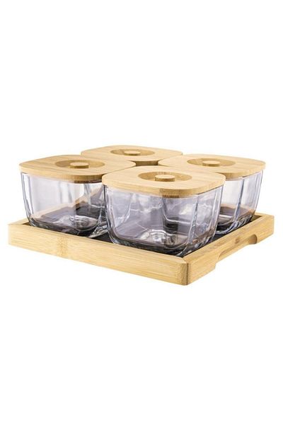 Atbyhome Natural Bamboo & Glass 9 Piece Square Breakfast Set