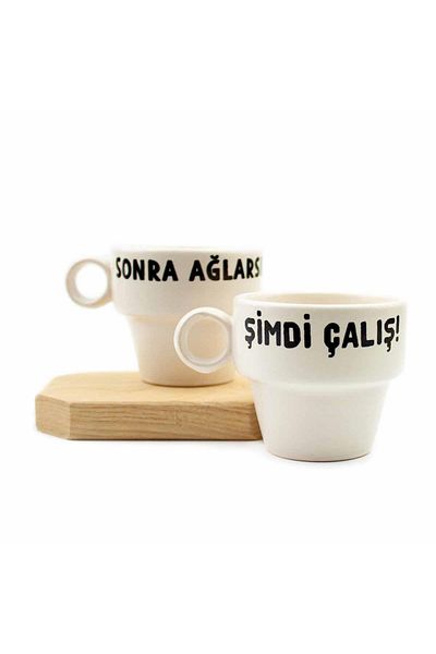PALTO TASARIM Set of 2 Espresso Cups - Work Now!You Cry Later Gift Ceramic Cup