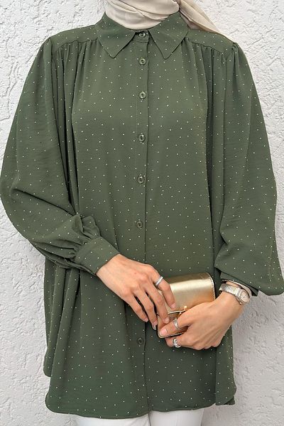 Salih Çelebi Stone Decorated Balloon Sleeve Shirt 2284 - Khaki