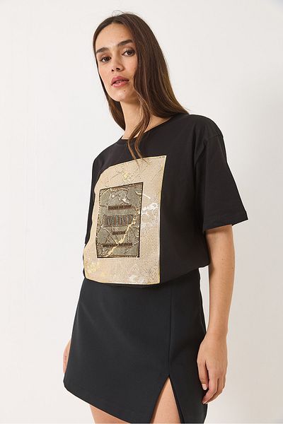 Bianco Lucci Women's Crew Neck Short Sleeve Stone Printed Oversize T-Shirt 60283036