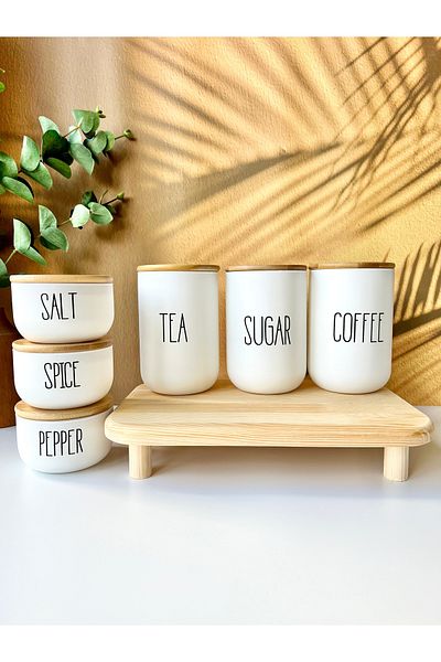 Mottogo Bamboo Lid Jar with Wooden Base |   Spice Bowl and 3 Spice Spoons