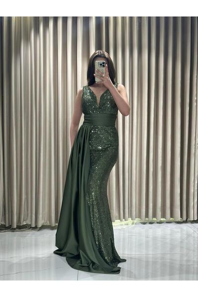 Kaleiçi Yıldızlar HAKİ Pul Payetli Yırtmaç Detaylı Pelerinli Balık Abiye Elbise GS7880