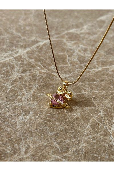 Reorah Collection Pink Heart Bow Steel Necklace-Pink Heart Steel Necklace with Pearl on Bow