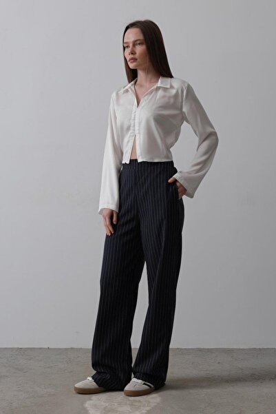 Nnstartshopping Palazzo Trousers with Half Elastic Waist - Navy Blue-White