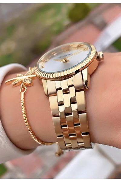 Homies Brand Gold Color Waterproof Women's Wristwatch - With Bracelet Gift