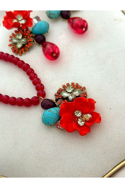MyladyAccessoriess Flower and Turquoise Stone Detail Set Jewelry