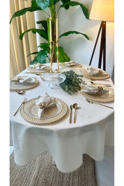 Decamor home Linen Textured Gold Glitter Ecru Oval Table Cloth