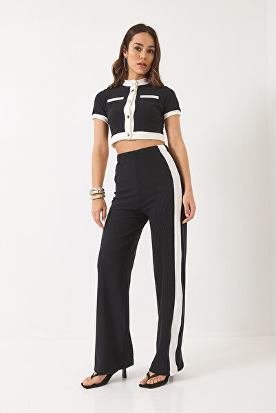 Bianco Lucci Women's Stripe Detailed Ribbed Button Closure Bottom Top Set 60283040