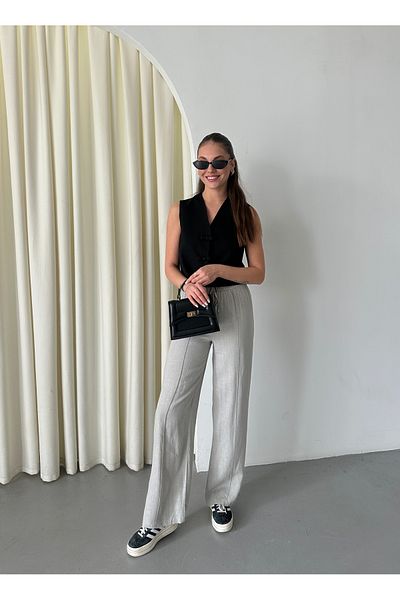 Laluvia Graue Palazzo-Hose aus 100 % Leinen – 3455