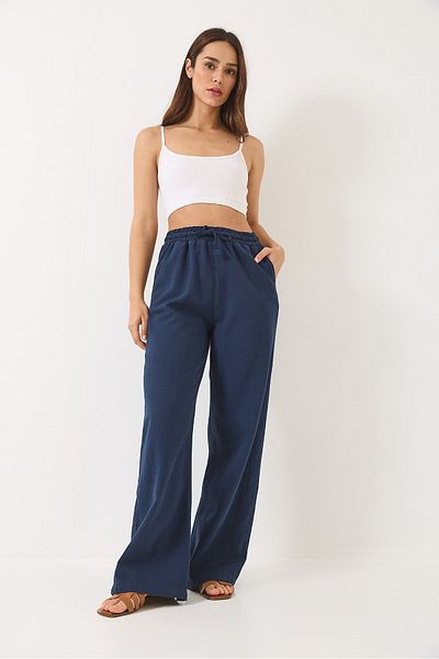 Bianco Lucci Women's Waisted Elastic Pocket Detailed Linen Palazzo Trousers R-6711 60283038