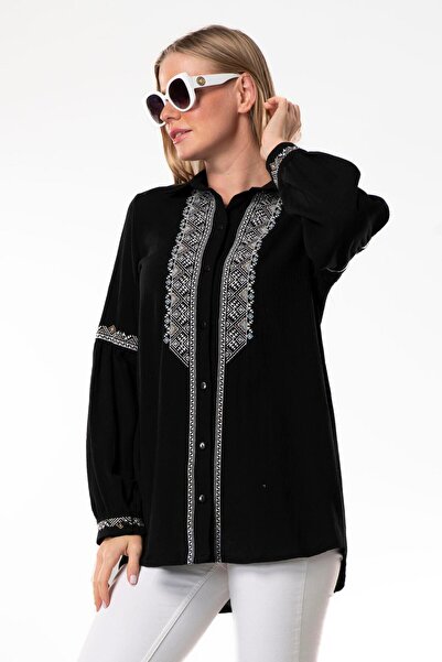 Eliş Şile Bezi Uzun Kol Şile Bezi Maviş Nakış İşlemeli Yazlık Gömlek Siyah Syh