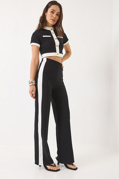 Bianco Lucci Women's Stripe Detailed Ribbed Button Closure Bottom Top Set 60283040