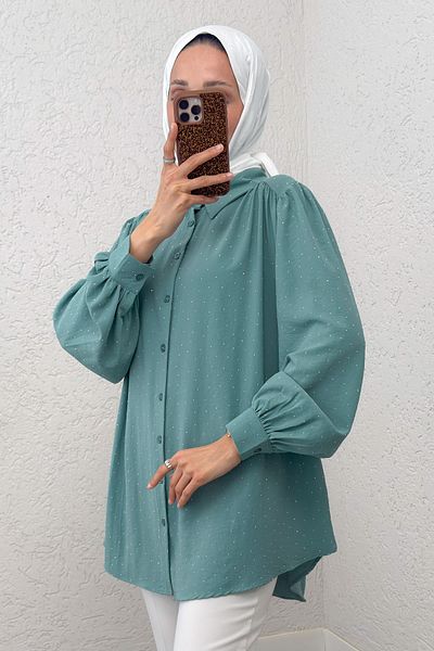Salih Çelebi Stone Decorated Balloon Sleeve Shirt 2284 - Green