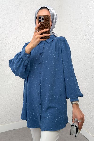 Salih Çelebi Stone Decorated Balloon Sleeve Shirt 2284 - Indigo