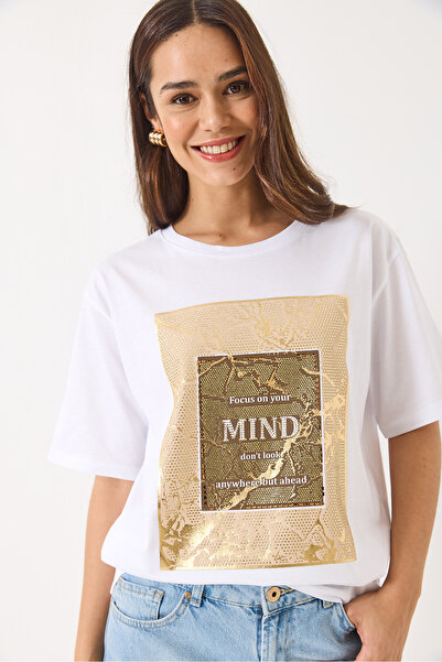 Bianco Lucci Γυναικείο μπλουζάκι με κοντό μανίκι με πέτρα με στάμπα oversize 60283036