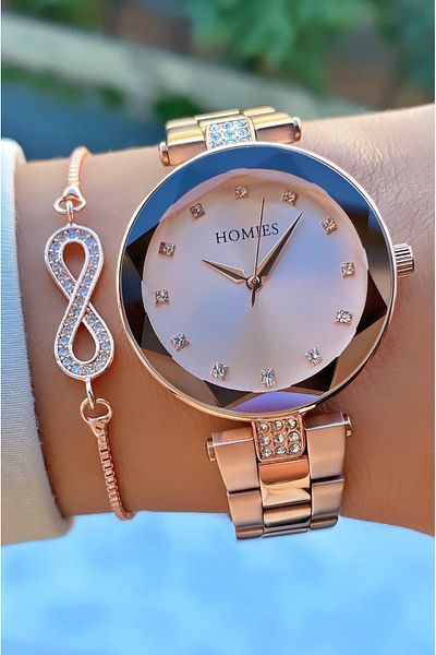 Homies Gold Colored Waterproof Women's Wristwatch and Bracelet Gift