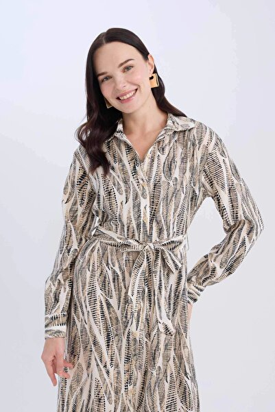 DeFacto E0784 Ekru Regular Fit Desenli V Yaka Kuşaklı Uzun Kollu Maxi Elbise