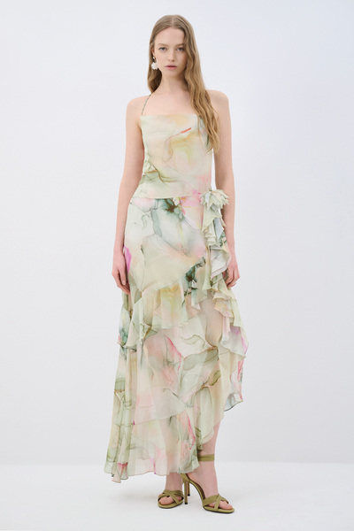 adL Volanlı Desenli Elbise