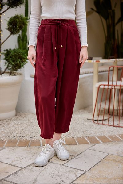 LOCCO Women's Elastic Waist Carrot Pants Claret Red
