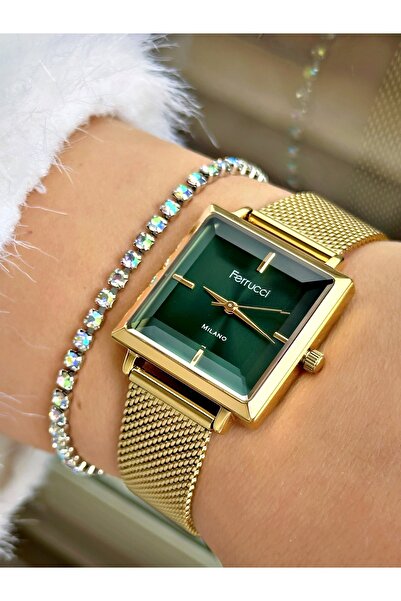 Ferrucci FERRUCCİ KARE YEŞİL KADRANLI GOLD HASIR KADIN KOL SAATİ
