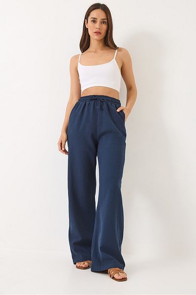 Bianco Lucci Women's Waisted Elastic Pocket Detailed Linen Palazzo Trousers R-6711 60283038