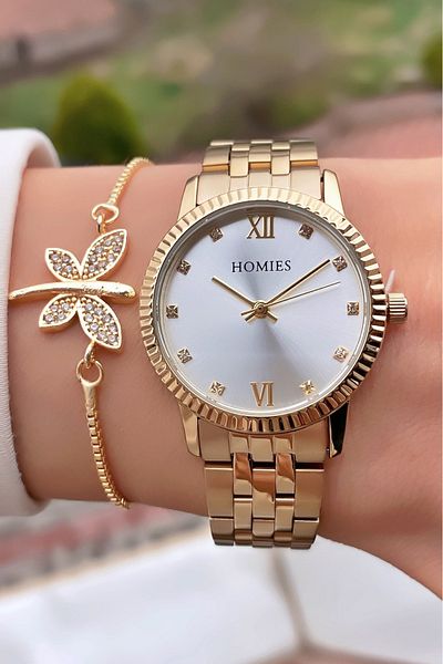 Homies Brand Gold Color Waterproof Women's Wristwatch - With Bracelet Gift